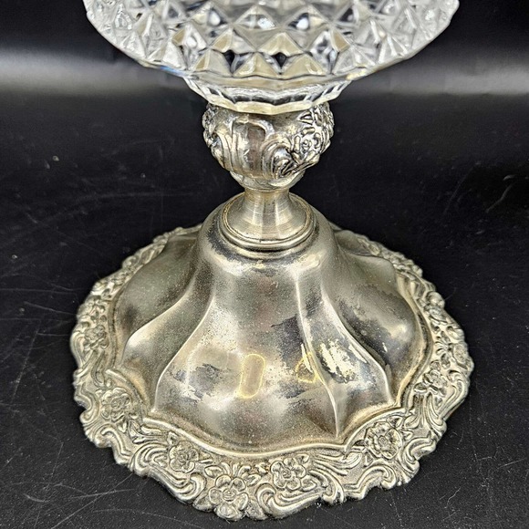 Vintage silver plated floral base diamond cut glass heavy ornate vase, 12" - Picture 3 of 6